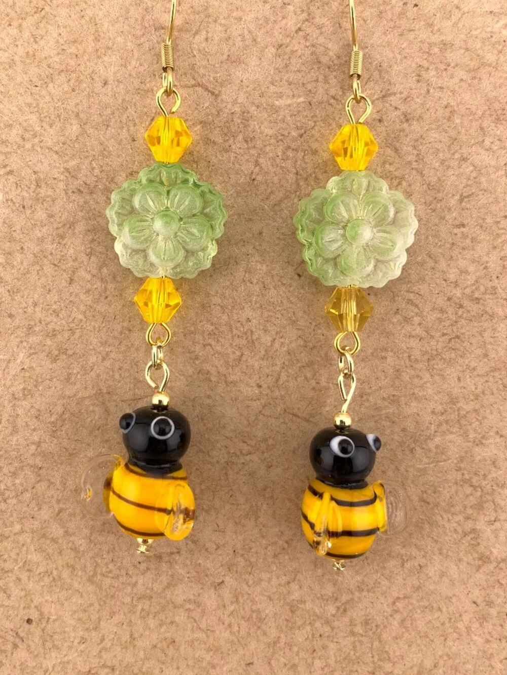 Bumble Bee Flower Lampwork Dangle Gardencore Handmade Earrings LR214